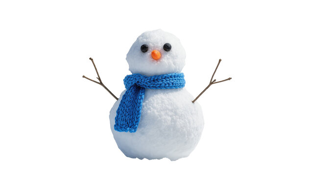 Isolated cheerful snowman wearing a cozy blue knitted scarf with stick arms and carrot nose