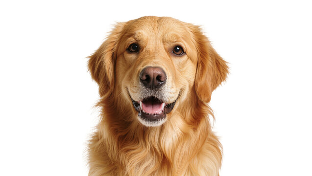 Isolated happy golden retriever dog headshot smiling and looking at camera directly
