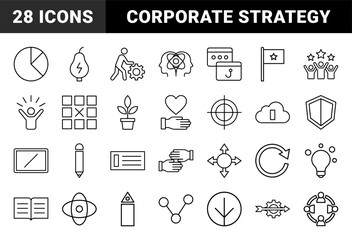 Fototapeta premium Business and strategy icon set. Vector pictograms of lightbulb, gear, target, chart, arrow, book, shield, and cloud, thin outline illustration.