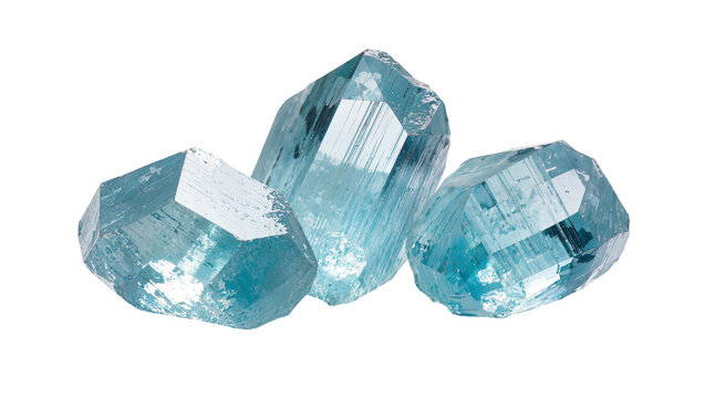 Isolated aquamarine crystals natural uncut gemstones mineral group on a pure surface