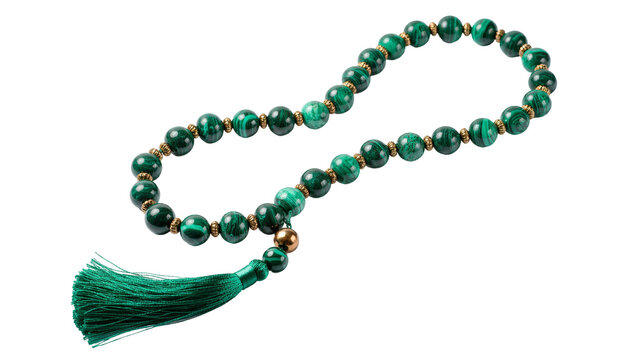 Isolated polished malachite prayer beads with a green tassel and golden spacer accents