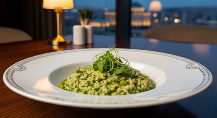 Green pea risotto elegantly presented on a wide rimmed plate overlooking a city view at dusk.
