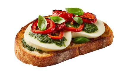 Isolated Italian bruschetta with mozzarella, vibrant pesto, roasted red peppers and fresh basil.