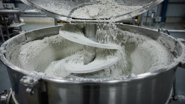 Medium shot of a batch ribbon mixer stirring metal hydroxides and phosphates capturing the precise mixing phase for inorganic flame retardants used in plastic production.