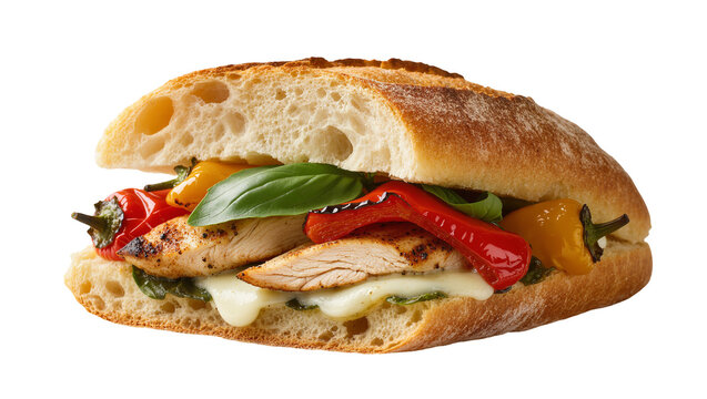 Isolated gourmet grilled chicken ciabatta sandwich with roasted peppers, fresh basil, and melted cheese