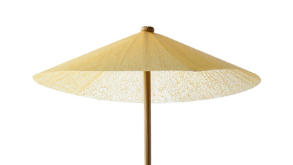 Isolated delicate yellow paper parasol with wooden pole for summer or festive decor.