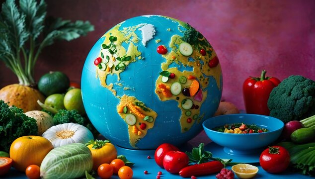 Vibrant globe surrounded by colorful vegetables and fruits on blue table