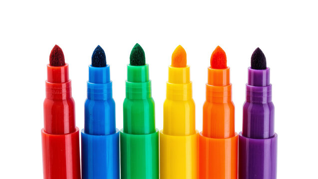 Isolated colorful felt tip markers lined up neatly, vibrant rainbow color pens for school or art