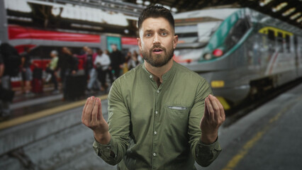 Hispanic man with beard gestures with open hands and taps his palm beside a commuter train inside a...