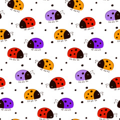 Fototapeta premium Colorful ladybug seamless pattern. Cute red, purple, and orange beetles background for nursery textile, baby wallpaper, and wrapping paper vector design.