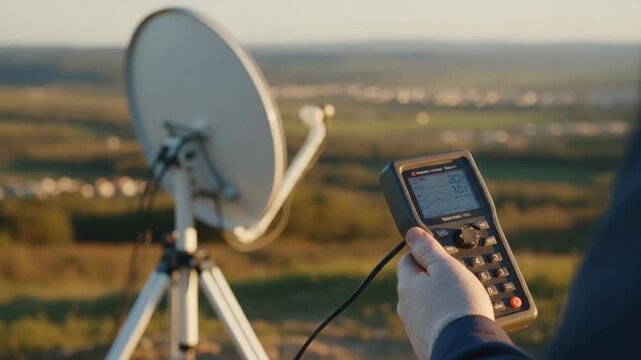 Technician in field finetuning satellite elevation angle selective focus on handheld meter and fingers tripod and dish softly blurred in warm natural light.