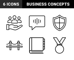 Fototapeta premium Corporate and community line icon set. Vector pictograms of shield, hand, people, speech bubble, medal, bridge, book, and energy, thin outline illustration.
