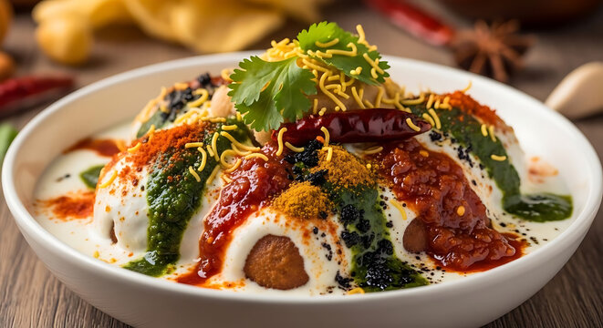 Dahi Bhalla plate garnished richly with sev, spices, and fresh cilantro, showcasing complex Indian flavors and textures.