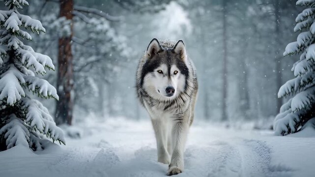 Alaskan malamute walking through snowy winter forest. 4K Video