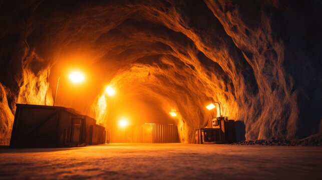 A dimly lit underground cave with glowing lights illuminating its rugged walls and storage crates