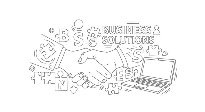 Vector illustration of handshake with business solutions icons