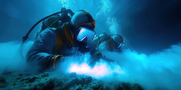 Two divers in full gear explore the deep blue ocean floor, illuminated by a bright light