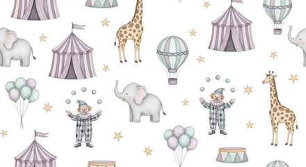 whimsical circus scene with clowns elephants giraffes and balloons © Nisitha