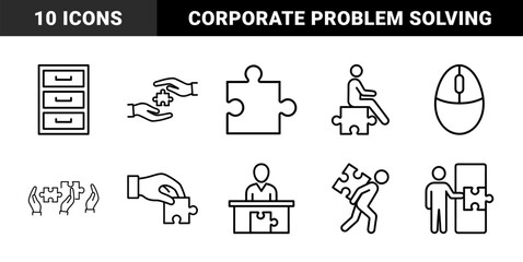 Fototapeta premium Business solution and problem solving icon set. Vector pictograms of puzzle pieces, filing cabinet, computer mouse, desk, and human figures, thin outline illustration.