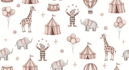 cute circus scene with giraffes elephants clowns and balloons © Nisitha