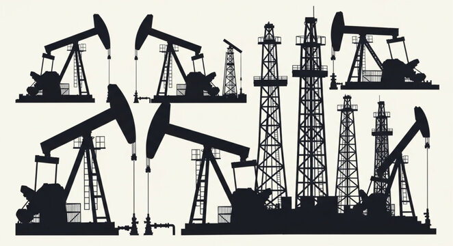 Silhouette of Oil Rigs and Pumpjacks Extracting Petroleum.