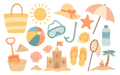 Cute beach illustration set with umbrella, snorkel mask, starfish, seashell, sandcastle, bucket, ball and flipflop, playful summer vacation elements for seaside travel themes. © AlexTroi