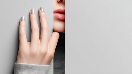 Elegant woman's hand with perfect manicure peeking from behind a gray surface