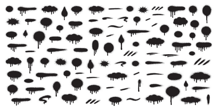 Graffiti spray paint marks with splatter, drip and blot shapes, urban street art stencil textures and grunge paint stains for mural, hiphop culture or creative background design.