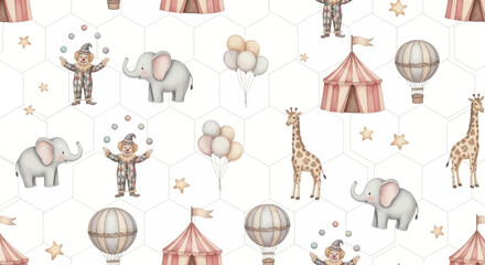 whimsical circus scene with animals and clowns on hexagonal background © Nisitha