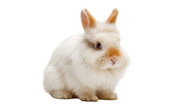Isolated fluffy cream-colored domestic rabbit with brown accents on face and ears sitting calmly