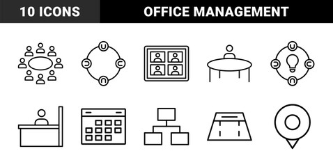 Fototapeta premium Corporate business management line icon set. Vector pictograms of meeting, team, video conference, desk, calendar, hierarchy, and location, thin outline illustration.