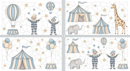 Circus scene with clowns elephant giraffe balloons tent © Nisitha