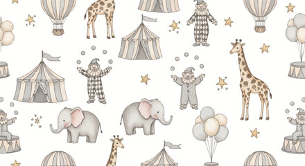 Whimsical circus scene with giraffes elephants clowns and balloons © Nisitha