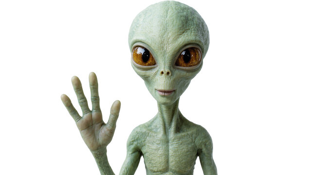 Isolated friendly green alien creature waving hand, extraterrestrial humanoid life form concept