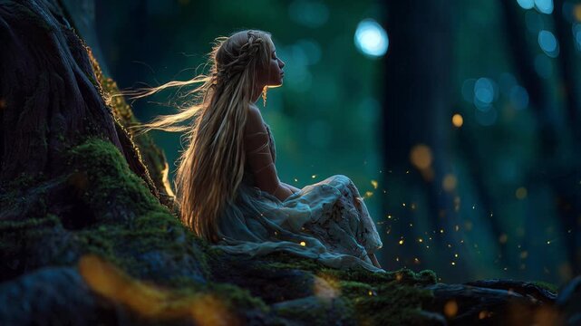 Nymph fairy sitting in enchanted forest among fireflies. 4K Video
