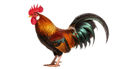 Isolated majestic colorful rooster standing on clean studio background, farm bird. © Friedrich