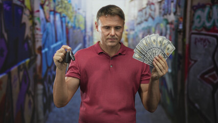 Man holds car keys in one hand and a fan of cash in the other while looking conflicted in a graffiti street; temptation uncertainty.