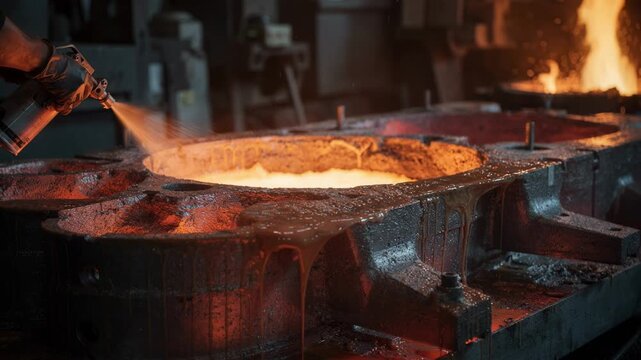 Close medium shot capturing hightemperature petroleum mold release compound in use emphasizing heat resistance and durability during metal casting processes.