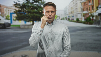 Man pinching fingers near face with right hand on a city street, wearing light gray button shirt, direct gaze; contemplation.