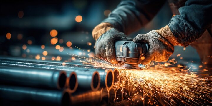 Skilled hands wearing gloves use an angle grinder to shape metal pipes, creating a shower of sparks