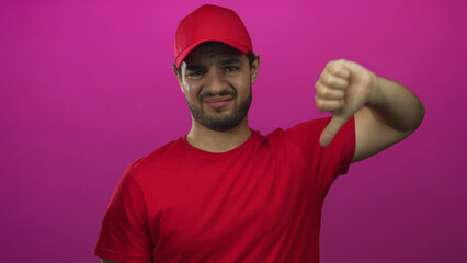 Naklejka premium Young hispanic delivery man in red shirt and cap gestures thumb down with his finger in magenta studio; rejection.
