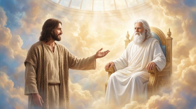 Jesus Christ standing before God the Father sitting on a throne in heaven. Religious scene showing the son and creator in clouds. Spiritual illustration for christian art concept.