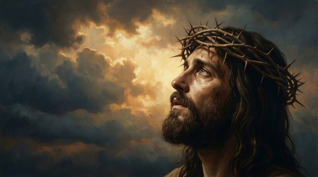 Jesus Christ wearing crown of thorns looking up to sky. Symbolic religious artwork depicting passion of Christ. Painting of Messiah with dramatic clouds for Easter or church event.