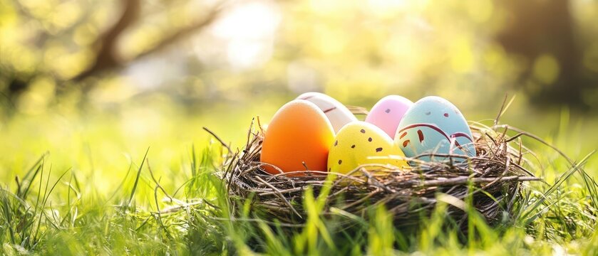 Colorful Easter eggs in a nest on a sunny day