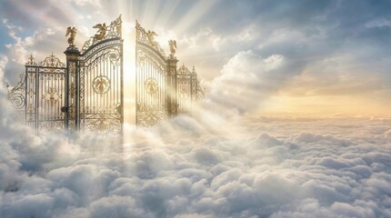 Naklejka premium Golden gate of heaven standing in thick white clouds. Massive ornamental entrance to paradise with shining light ray. Christian religious concept of afterlife and salvation in sky.