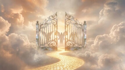 Naklejka premium Jesus Christ standing behind open golden gates in heaven. Paved road through fluffy clouds leading to paradise. Religious concept of afterlife, salvation and divine spirit in light.