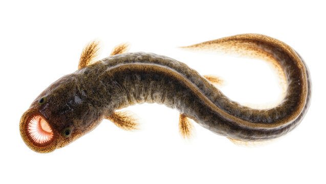 Isolated ancient jawless lamprey fish, showcasing its unique circular suction cup mouth