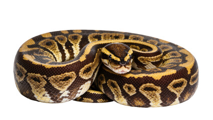 Fototapeta premium Isolated coiled ball python, a beautiful nonvenomous reptile, looking at camera