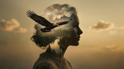 Fototapeta premium Surreal Double Exposure Woman with Forest, River, and Eagle