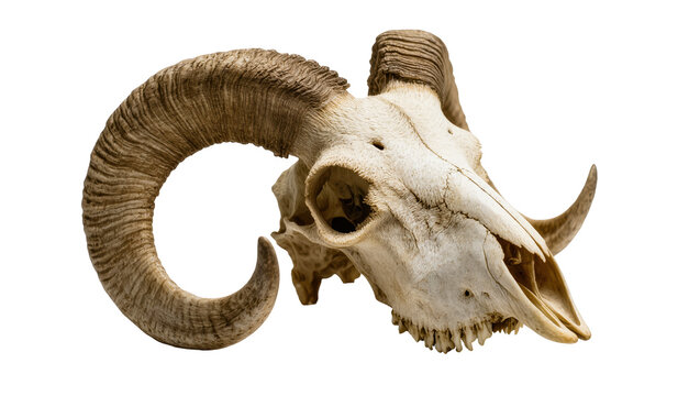 Isolated ancient ram skull featuring large textured spiral horns and weathered bone structure